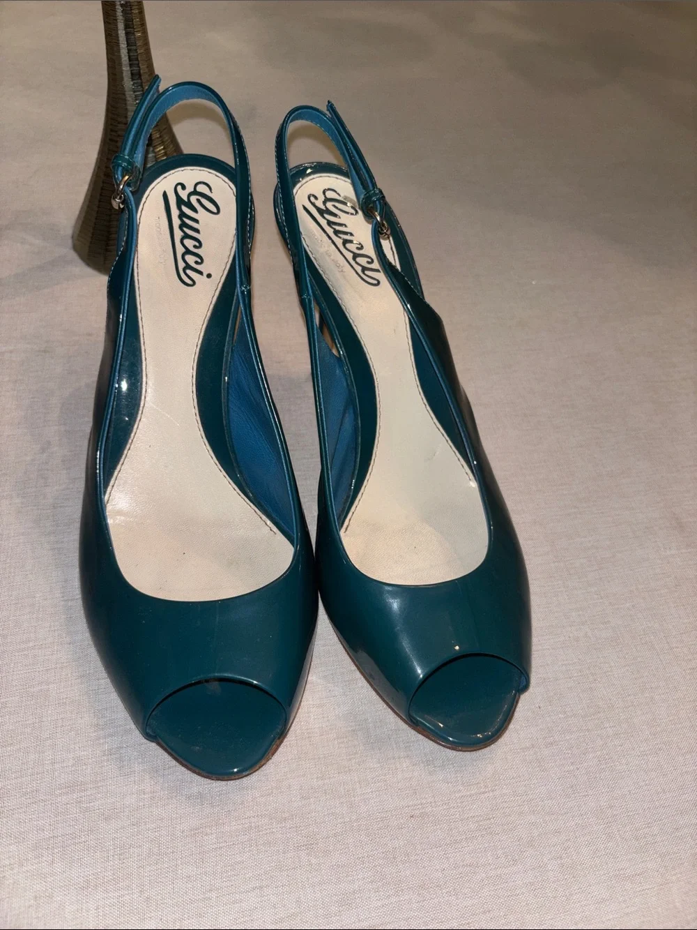 Gucci Teal Patent Peep-Toe Slingback Heels - Picture 6 of 8